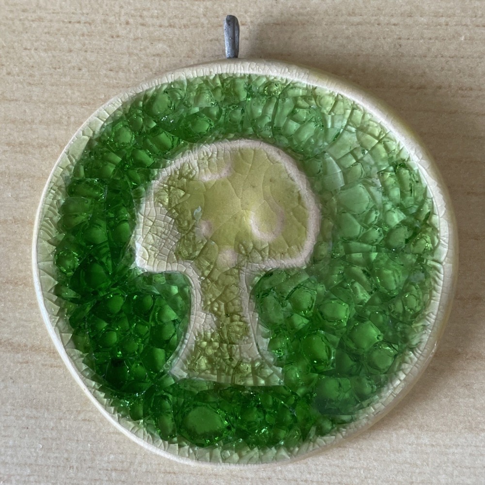 Green Mushroom Ceramic + Glass Pendant Handmade Art Necklace Unique Shroom Fairy